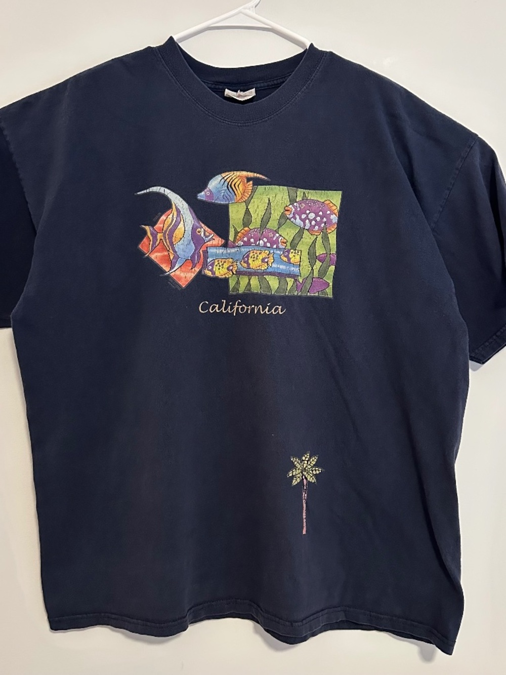 Men's California Fish Graphic Print T-Shirt 2XL Navy Blue Y2K Short Sleeve